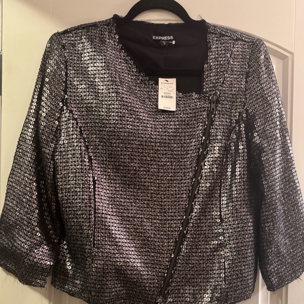 Express women’s gray/black/silver sequin jacket Medium NWT $128 Zipper front